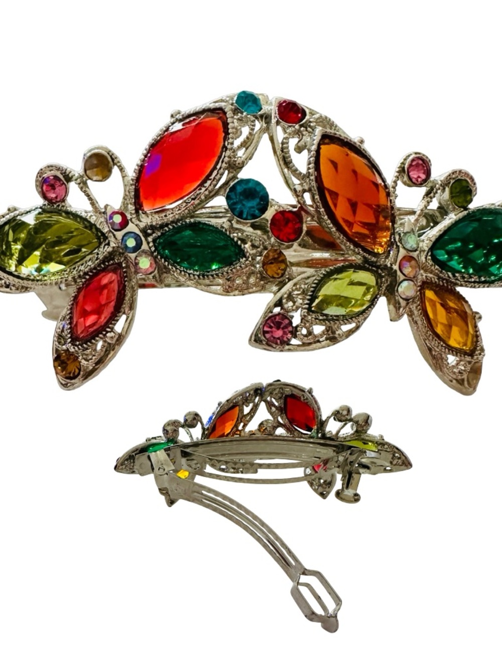 Silver-tone French Barrette Hair Clip 3 3/4” Multicolor Stones Butterfly Motif